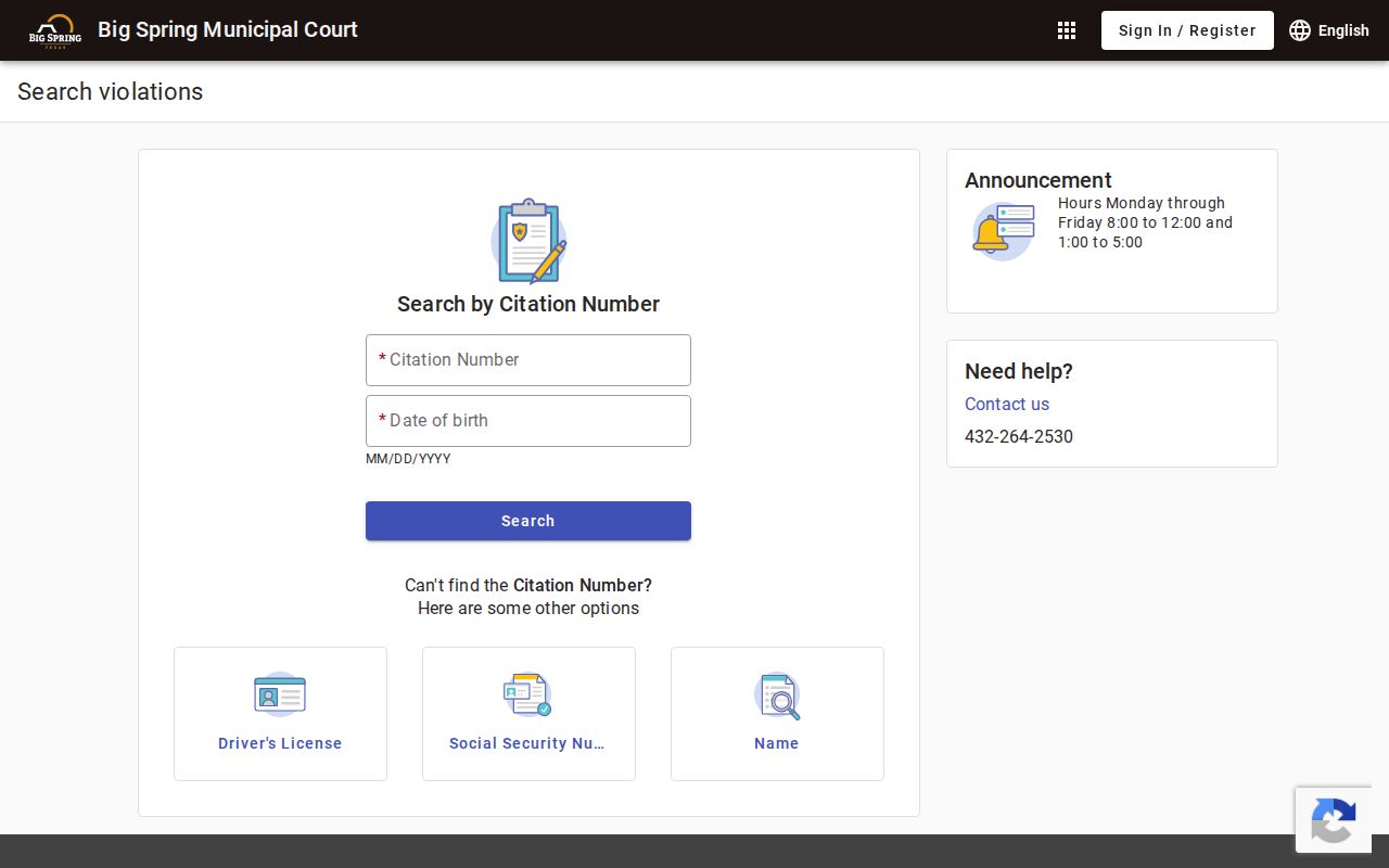 Howard County warrant search: Big Spring Municipal Court citation search fields