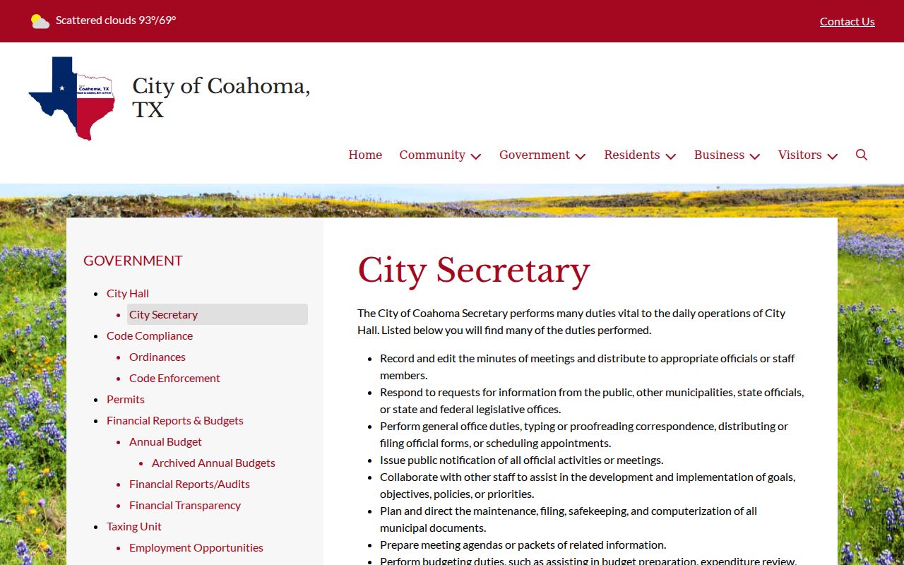 Coahoma warrant records access: City Secretary public-information contact page